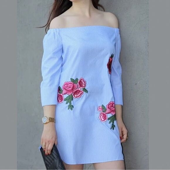 ZARA Dress Embroidered Off Shoulder Poplin Mini Dress • BLOGGER FAVORITE • - Picture 7 of 12